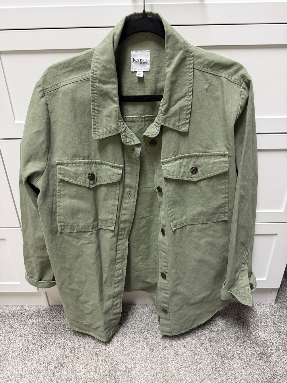 Kensie Sage Green Button-Front Utility Shirt Jacket